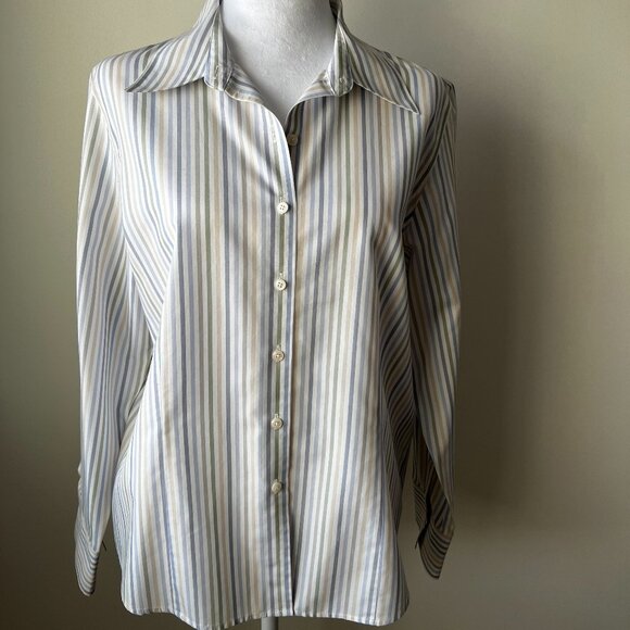 ✨Talbots 100% Cotton Striped Button-Down Shirt 12 | Sage/Blue/Oat Classi… - Picture 1 of 11
